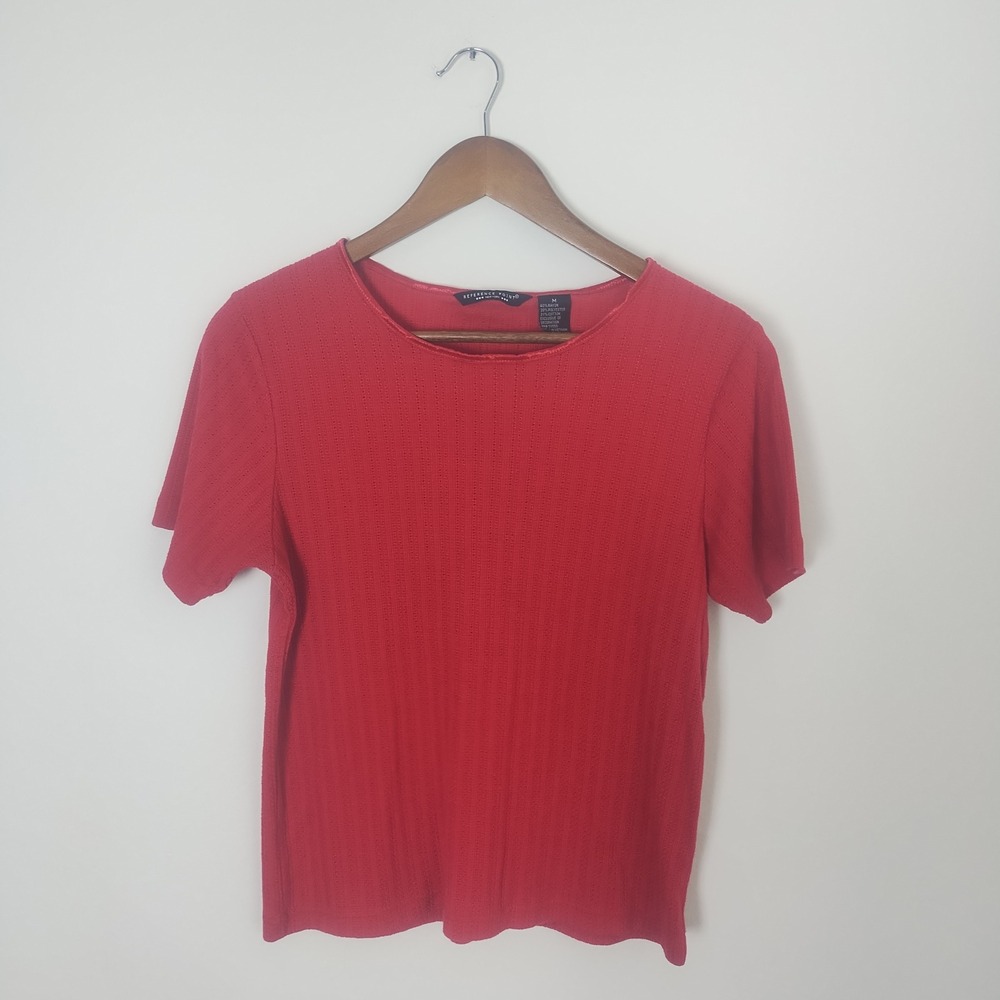 Reference Point Pointelle Top Women's Medium Red Short Sleeve Ribbed Casual